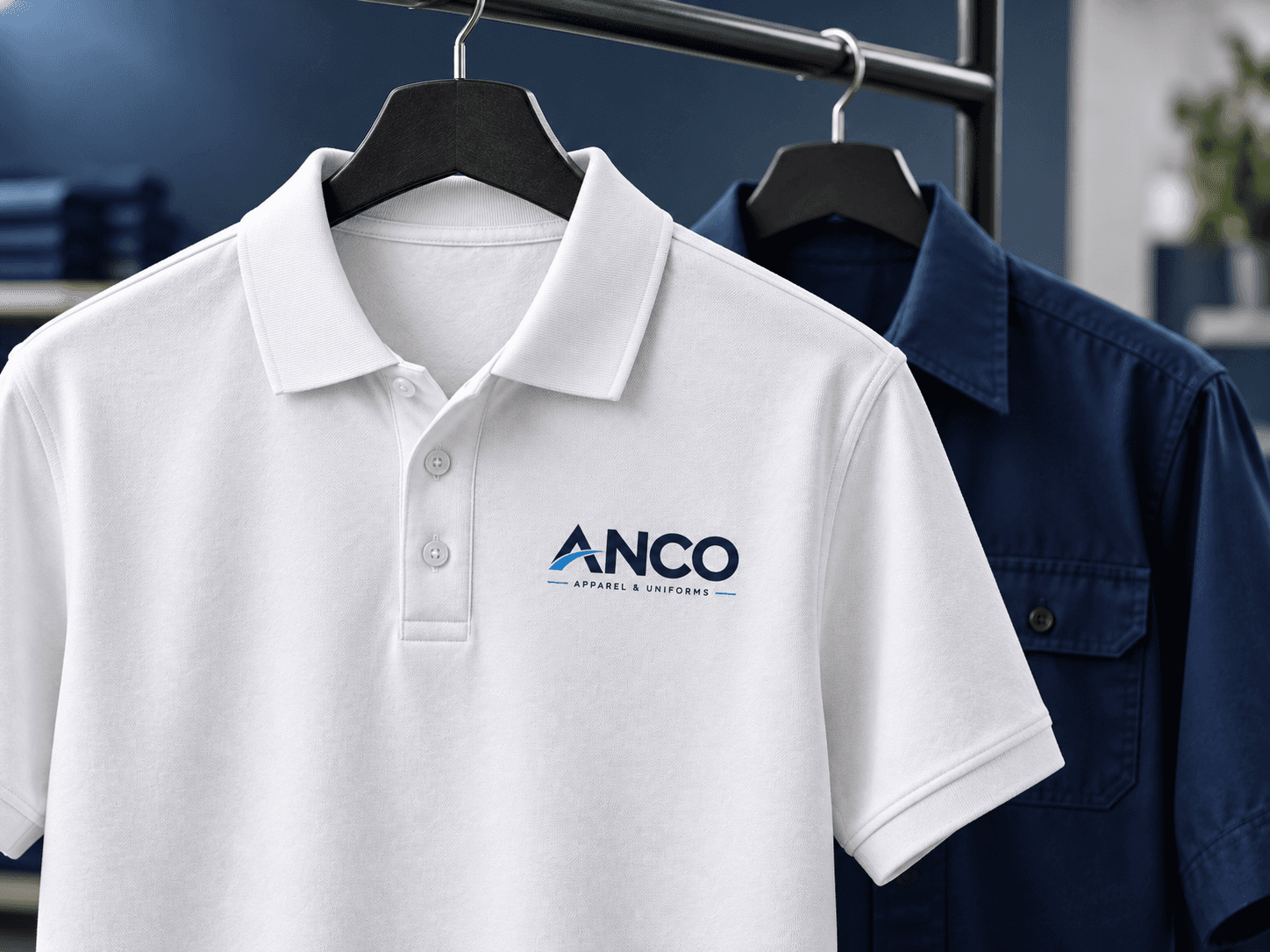 ANCO polo and navy work shirt hanging on a rail