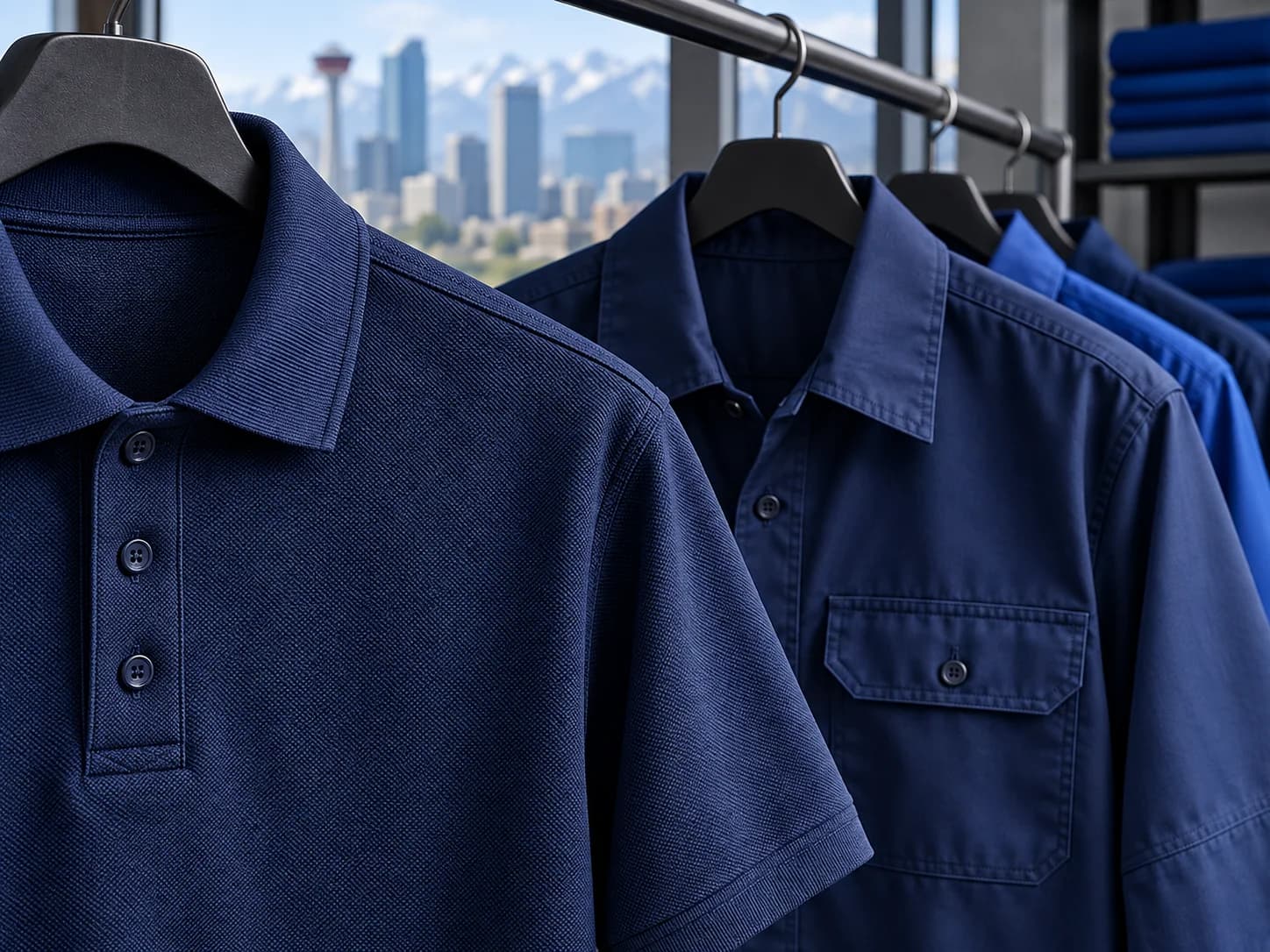 Navy work shirts prepared for branded apparel decoration